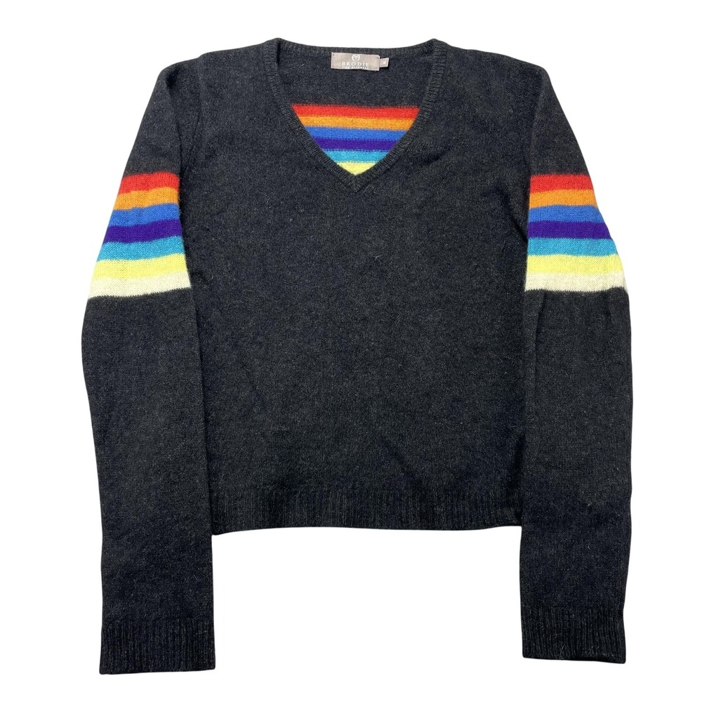Brodie Sweater Womens Medium Gray Rainbow Stripe Cashmere V Neck‎ Pullover